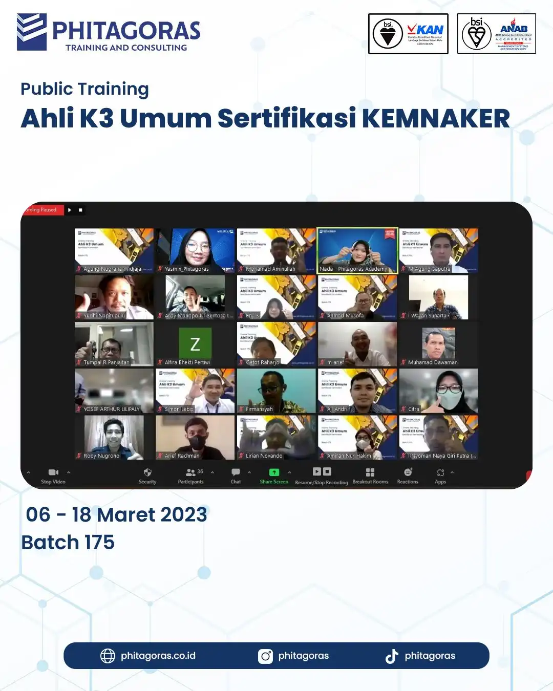 Phitagoras Training and Consulting selalu konsisten dengan kembali mengadakan Public Training AK3U Sertifikasi KEMNAKER Batch 175