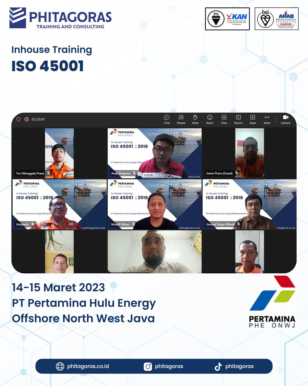 Inhouse Training ISO 45001 - PT Pertamina Hulu Energy Offshore North West Java