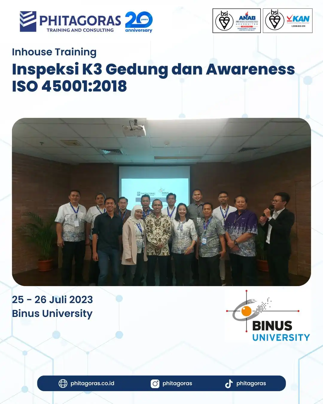 Inhouse Training Inspeksi K3 Gedung dan Awareness ISO 45001:2018 - Binus University