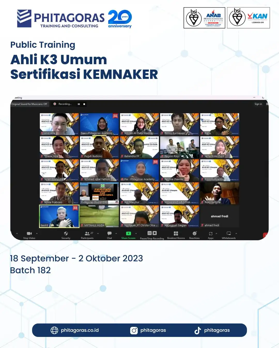 Public Training Ahli K3 Umum Sertifikasi KEMNAKER Batch 182