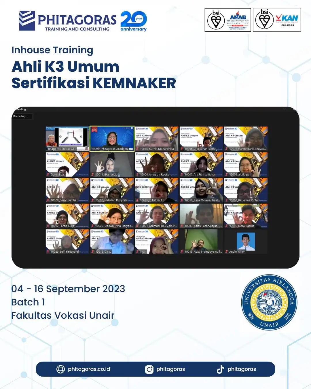 Inhouse Training Ahli K3 Umum Sertifikasi KEMNAKER - Fakultas Vokasi Unair Batch 1