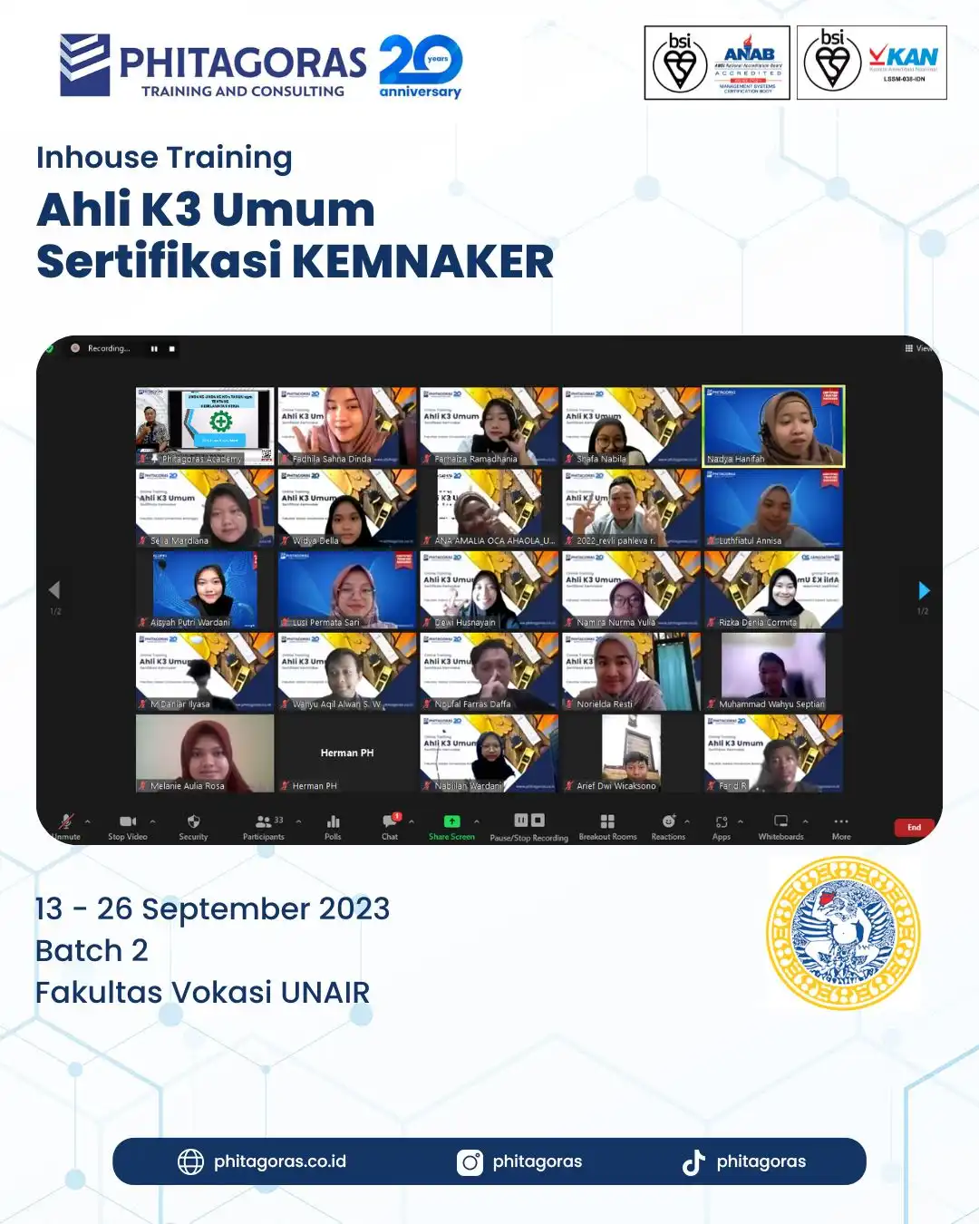 Inhouse Training Ahli K3 Umum Sertifikasi KEMNAKER - Fakultas Vokasi UNAIR Batch 2