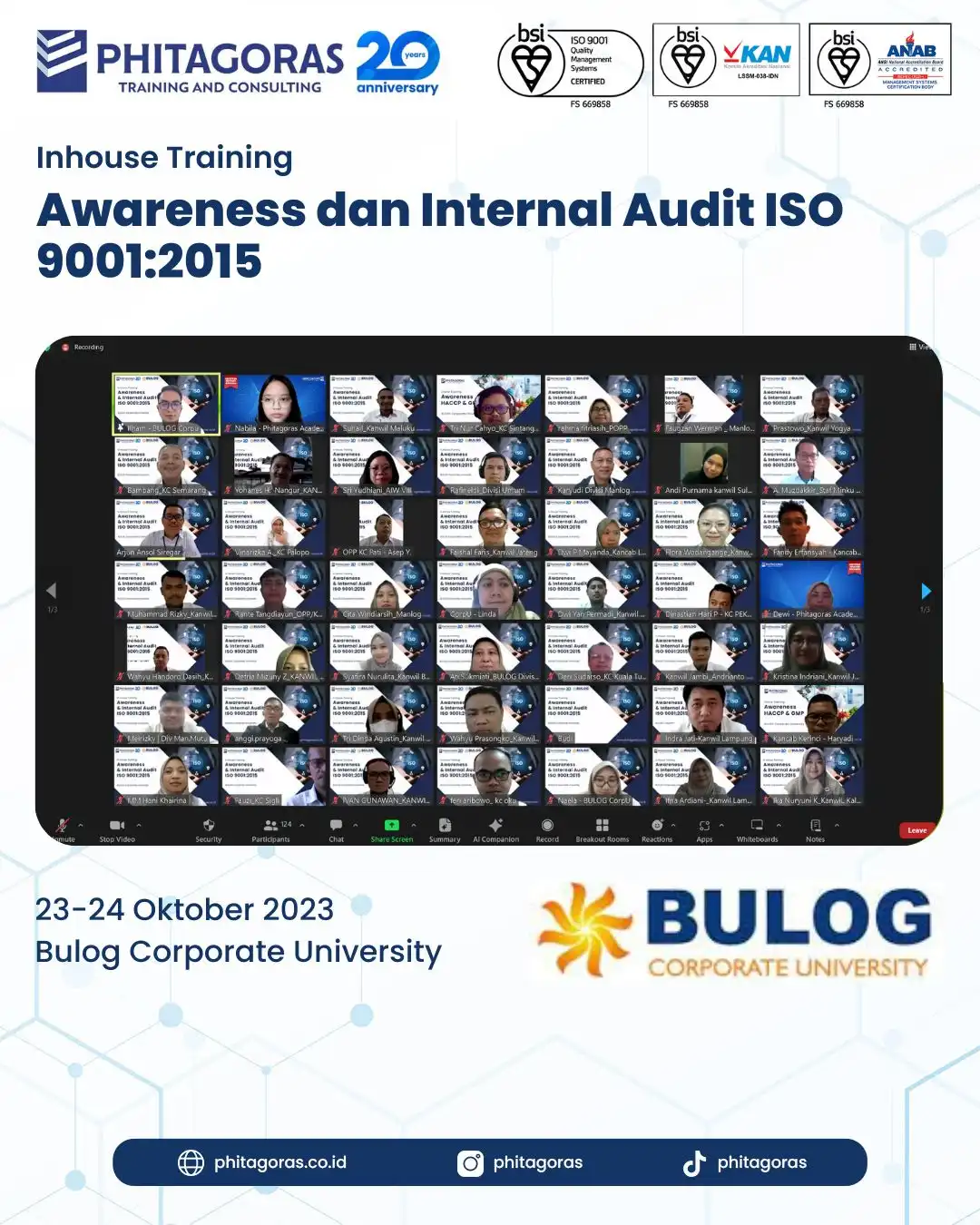 Inhouse Training Awareness dan Internal Audit ISO 9001:2015 untuk Bulog Corporate University