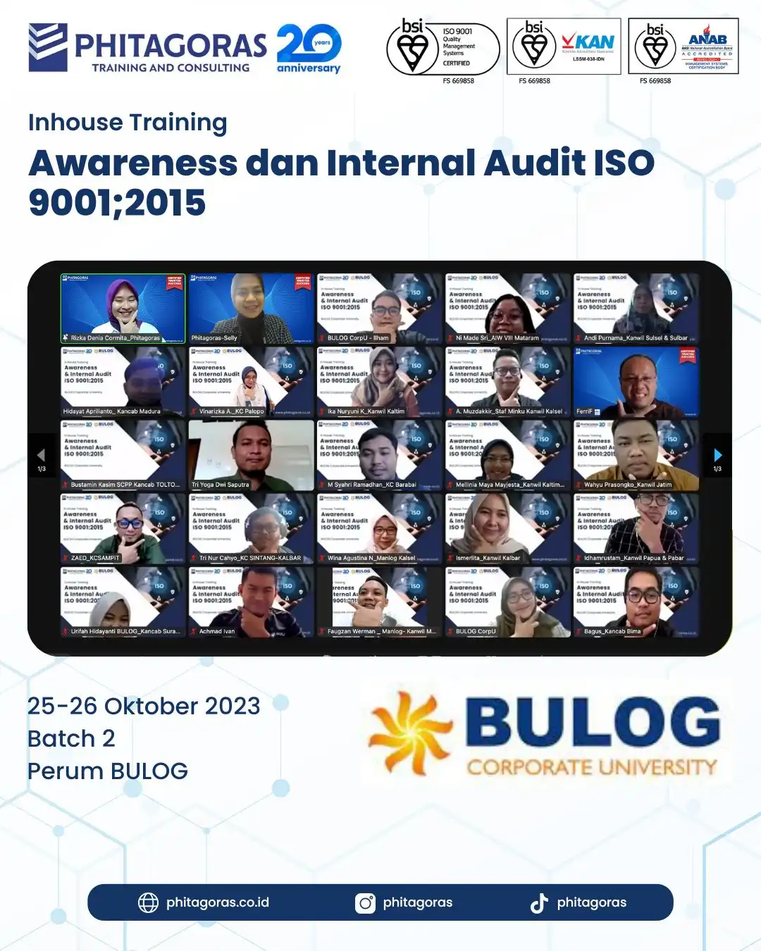 Inhouse Training Awareness dan Internal Audit ISO 9001:2015 - Perum BULOG Batch 2