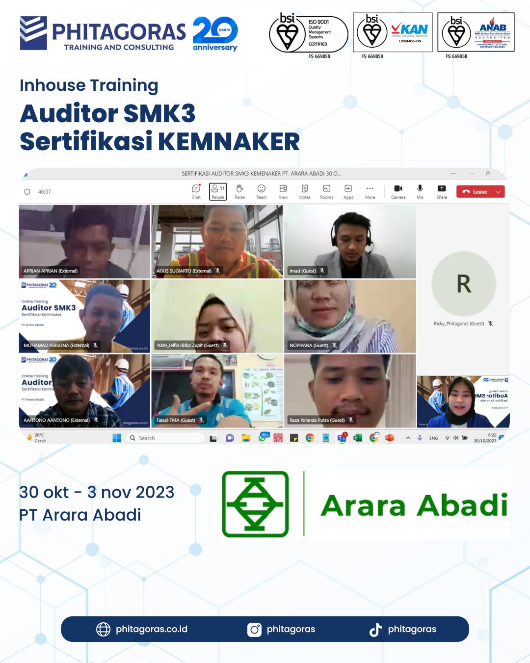 Inhouse Training Auditor SMK3 Sertifikasi KEMNAKER - PT Arara Abadi