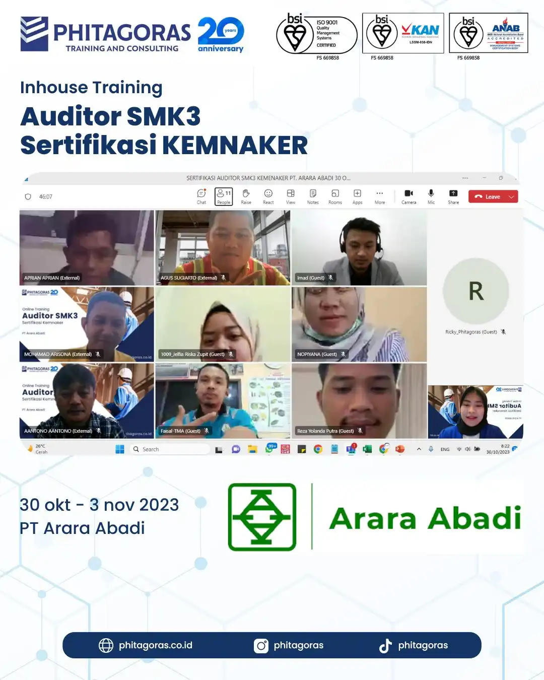 Inhouse Training Auditor SMK3 Sertifikasi KEMNAKER - PT Arara Abadi