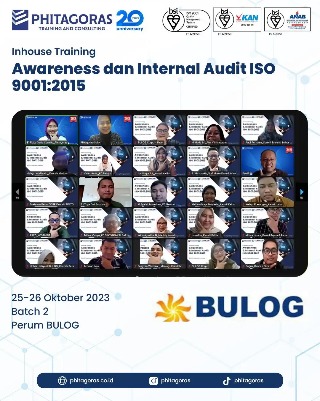 Inhouse Training Awareness dan Internal Audit ISO 9001:2015 - Perum BULOG Batch 2