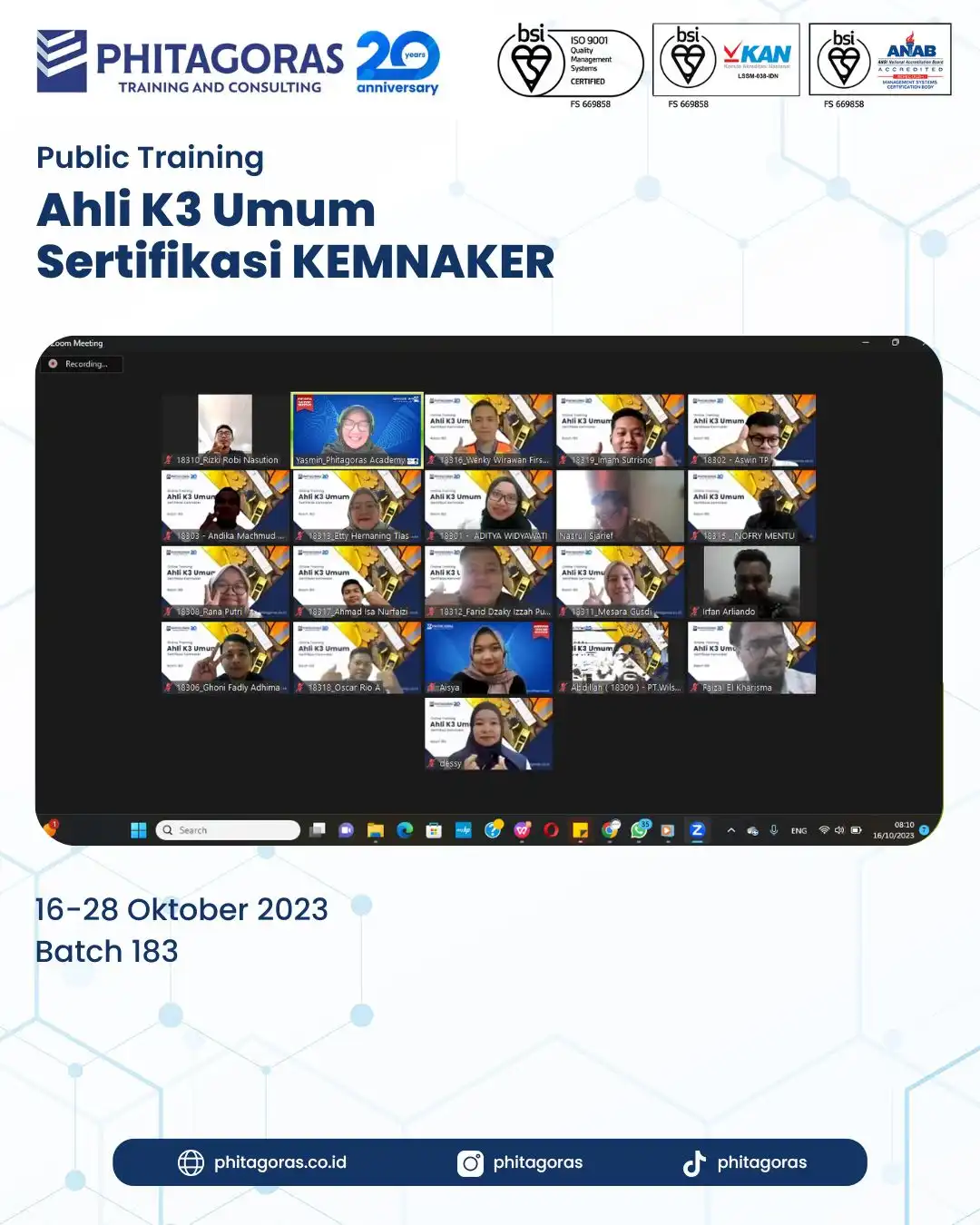 Public Training Ahli K3 Umum Sertifikasi KEMNAKER Batch 183