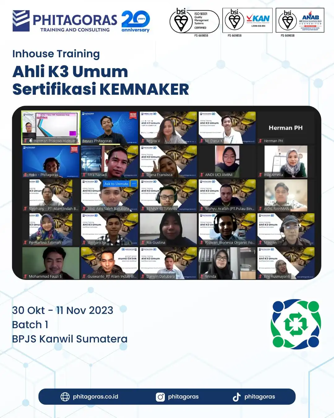 Inhouse Training Ahli K3 Umum Sertifikasi KEMNAKER - BPJS Kanwil Sumatera Batch 1