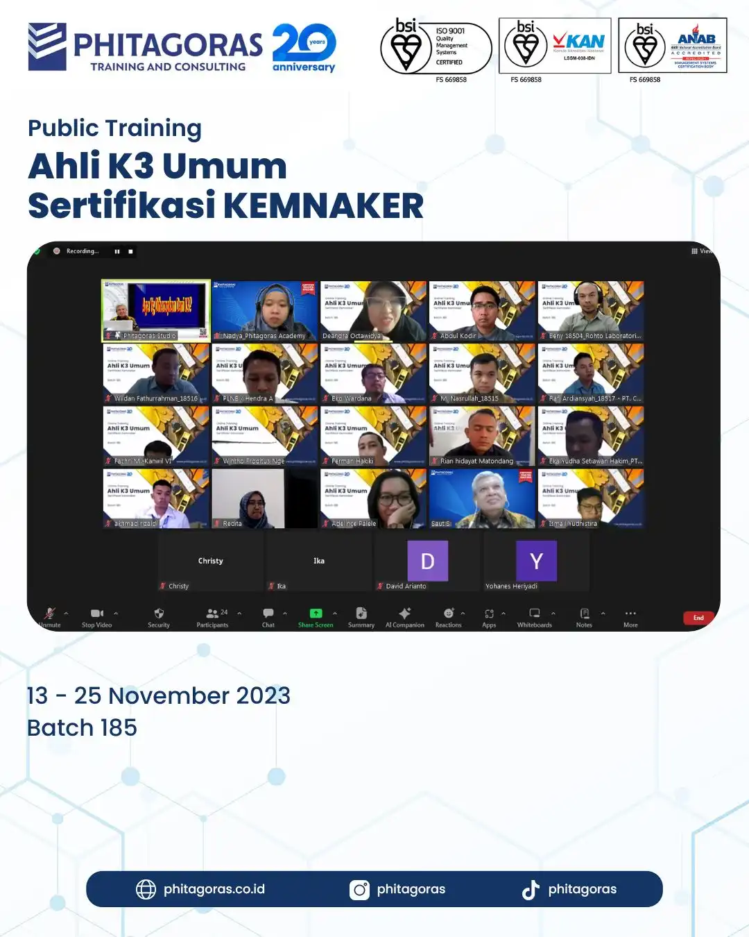 Ahli K3 Umum Sertifikasi KEMNAKER Batch 185 13 - 25 November 2023