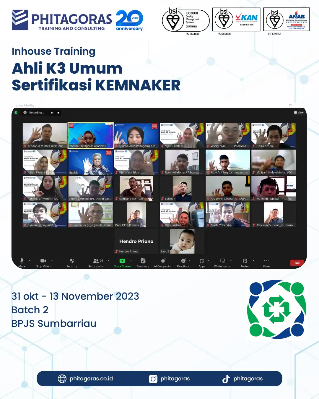 Inhouse Ahli K3 Umum BPJS Sumbarriau Batch 2 31 okt - 13 November 2023 