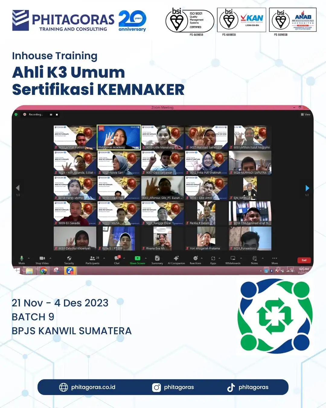 Inhouse Training Ahli K3 Umum Sertifikasi KEMNAKER - BPJS KANWIL SUMATERA Batch 9