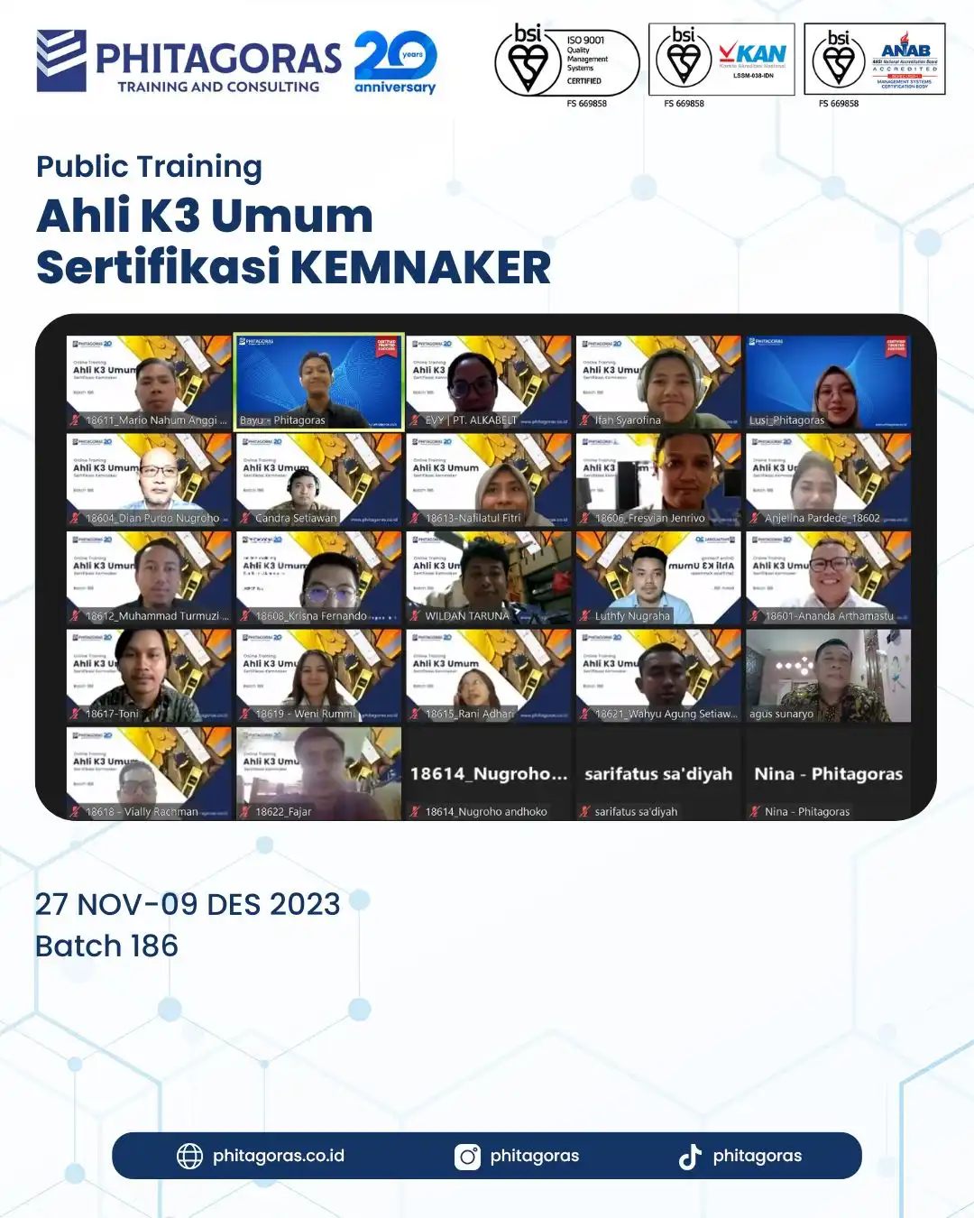 Public Training Ahli K3 Umum Sertifikasi KEMNAKER Batch 186