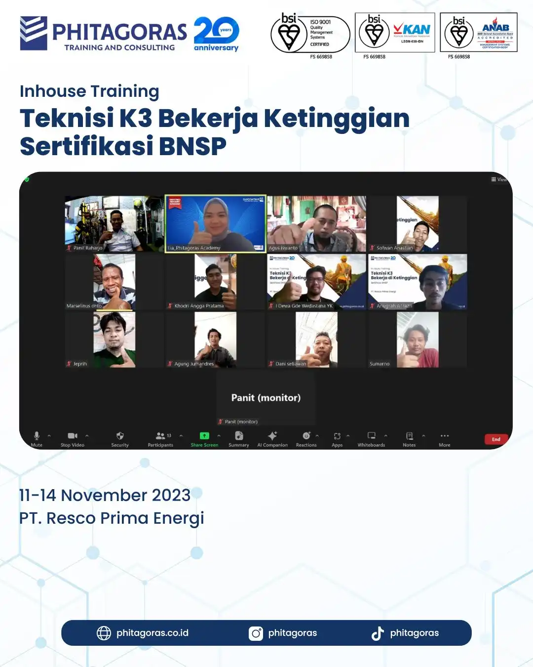 Inhouse Training Teknisi K3 Bekerja Ketinggian Sertifikasi BNSP - PT. Resco Prima Energi