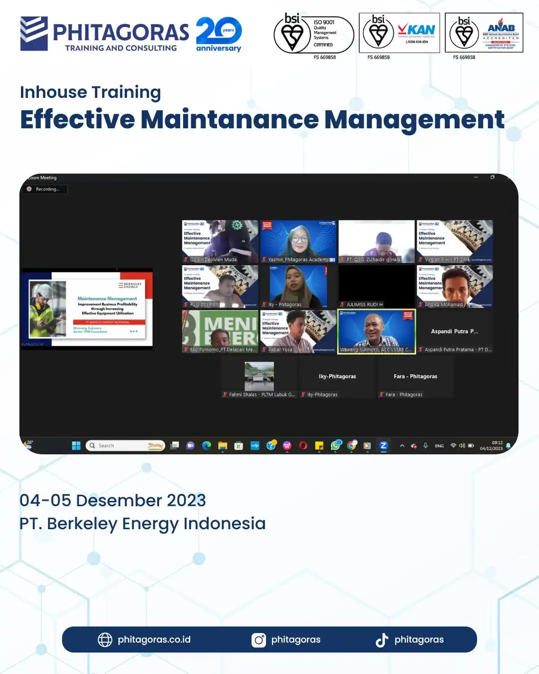 Inhouse Training Effective Maintenance Management - PT. Berkeley Energy Indonesia
