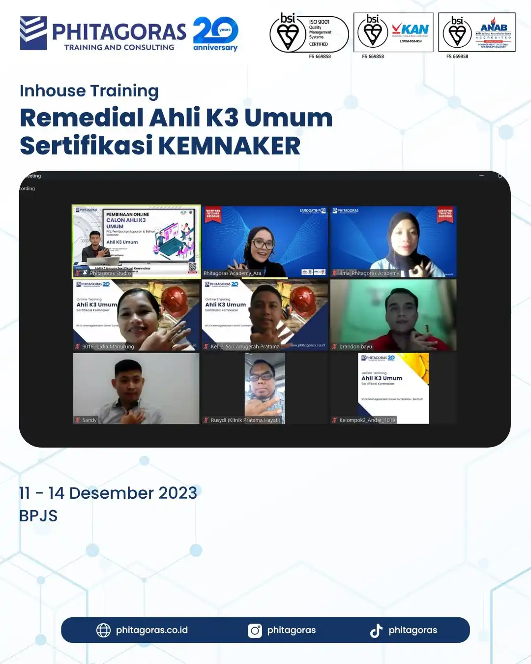 Inhouse Training Remedial Ahli K3 Umum Sertifikasi KEMNAKER - BPJS
