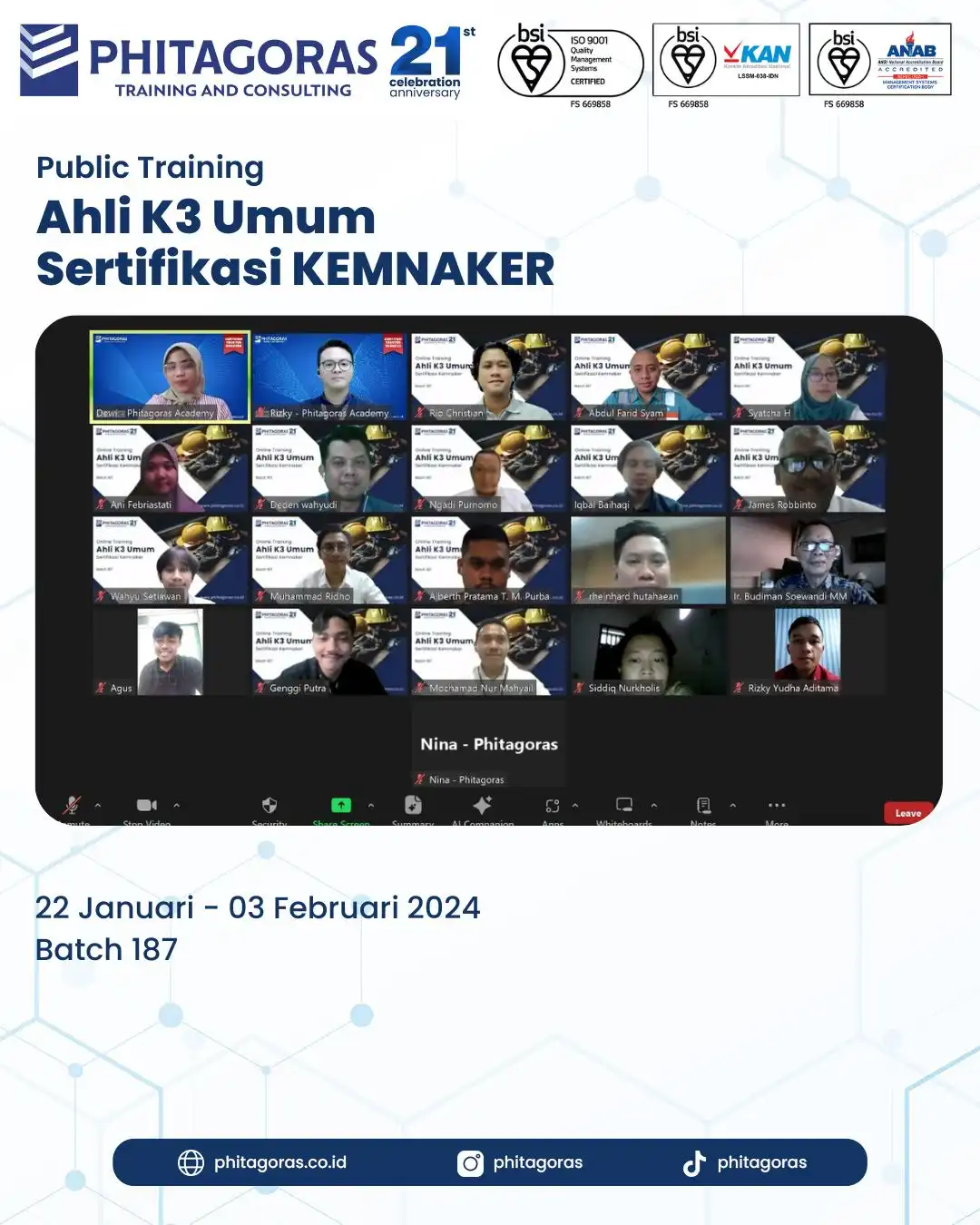 Public Training Ahli K3 Umum Sertifikasi KEMNAKER Batch 187