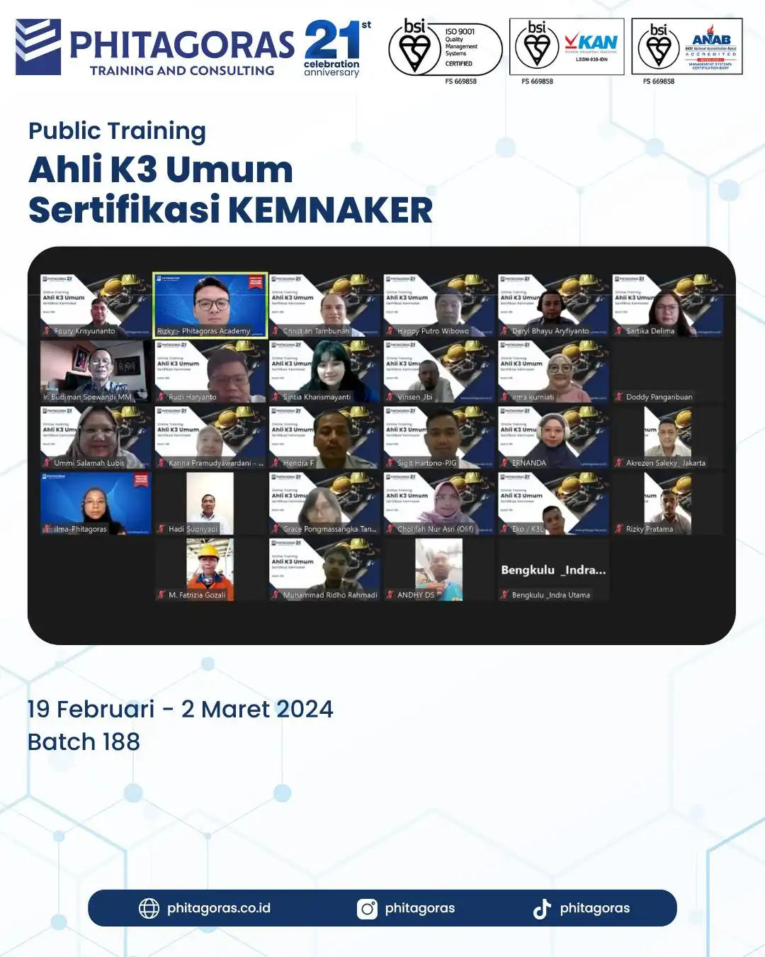 Public Training Ahli K3 Umum Sertifikasi KEMNAKER Batch 188