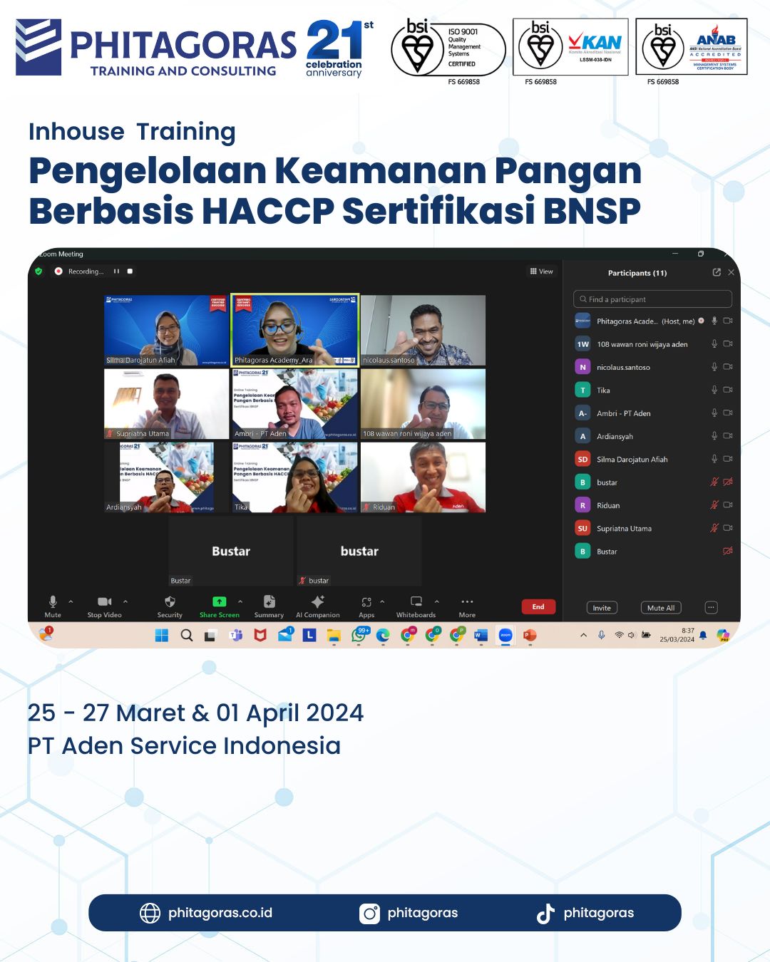 Inhouse Training Pengelolaan Keamanan Pangan Berbasis HACCP Sertifikasi BNSP - PT Aden Service Indonesia