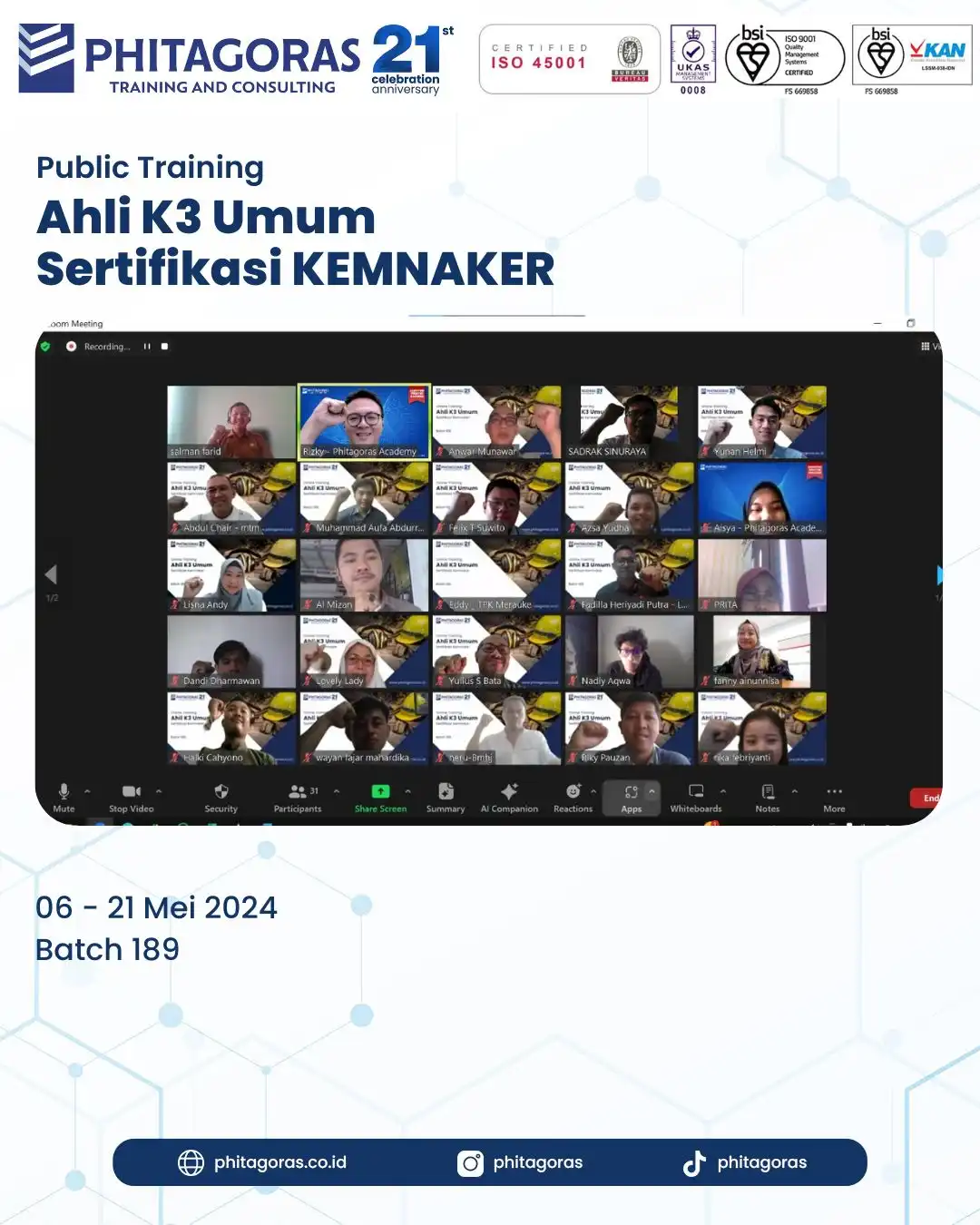 Public Training Ahli K3 Umum Sertifikasi KEMNAKER Batch 189