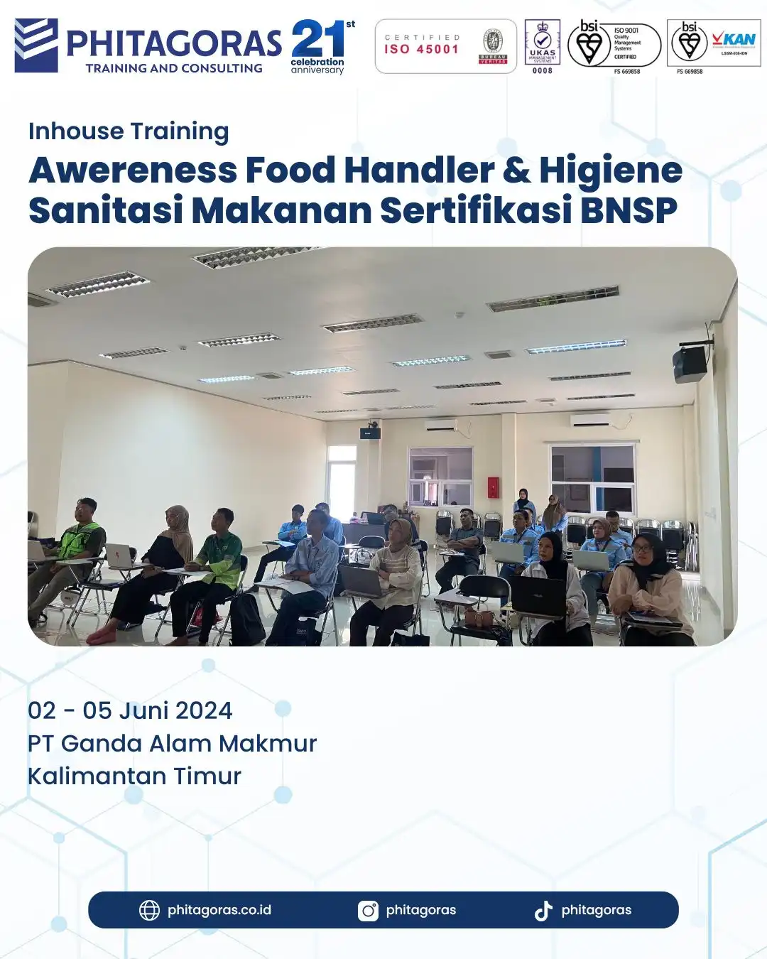 Inhouse Training Awareness Food Handler & Higiene Sanitasi Makanan Sertifikasi BNSP - PT Ganda Alam Makmur 02 - 05 Juni 2024