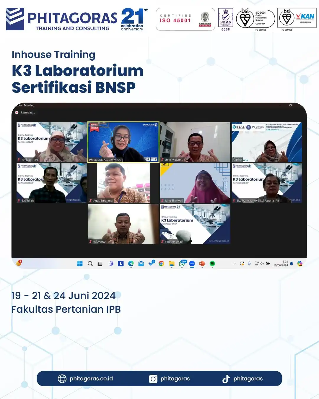 Inhouse Training K3 Laboratorium Sertifikasi BNSP - Fakultas Pertanian IPB 19 - 21 & 24 Juni 2024