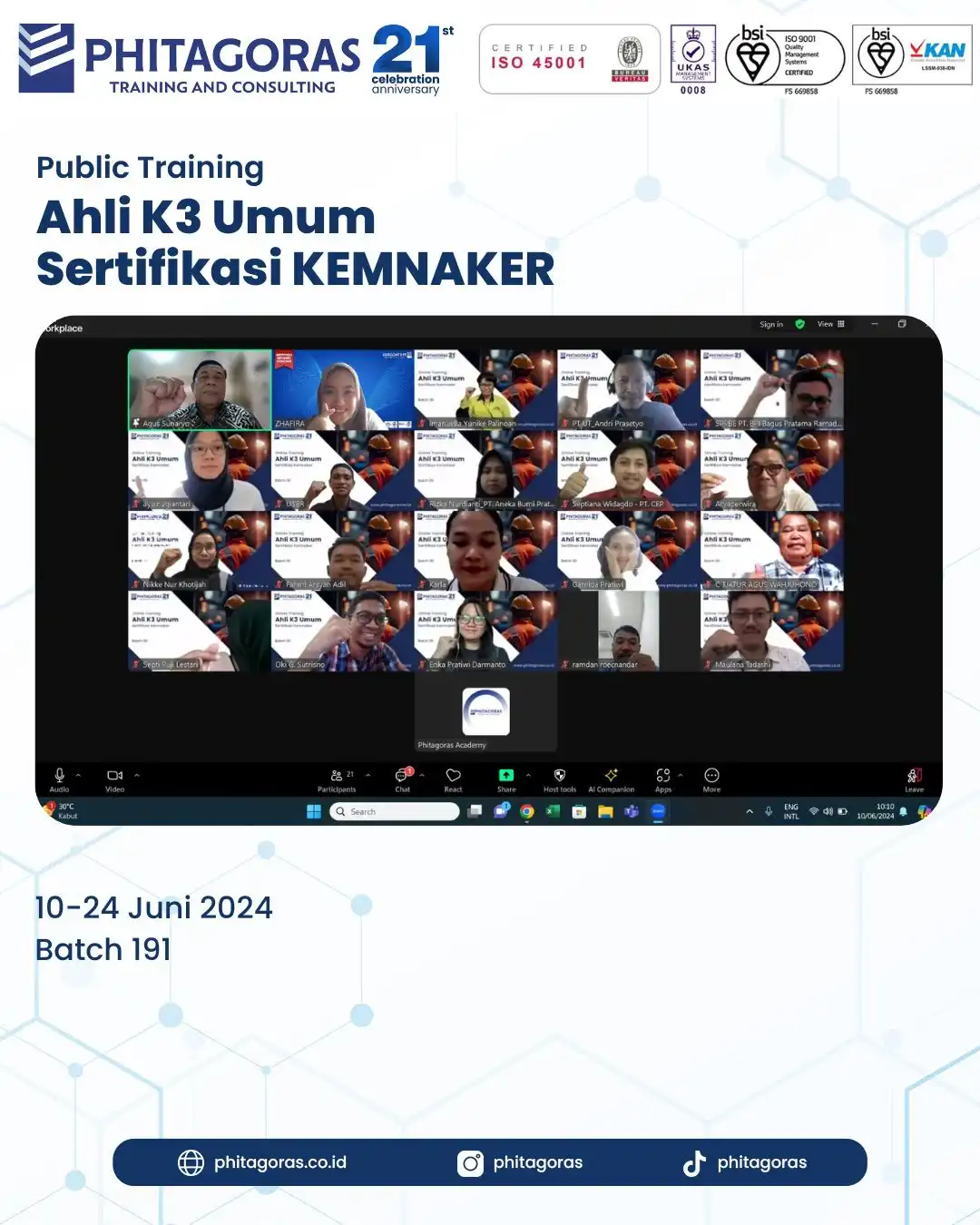 Public Training Ahli K3 Umum Sertifikasi KEMNAKER Batch 191