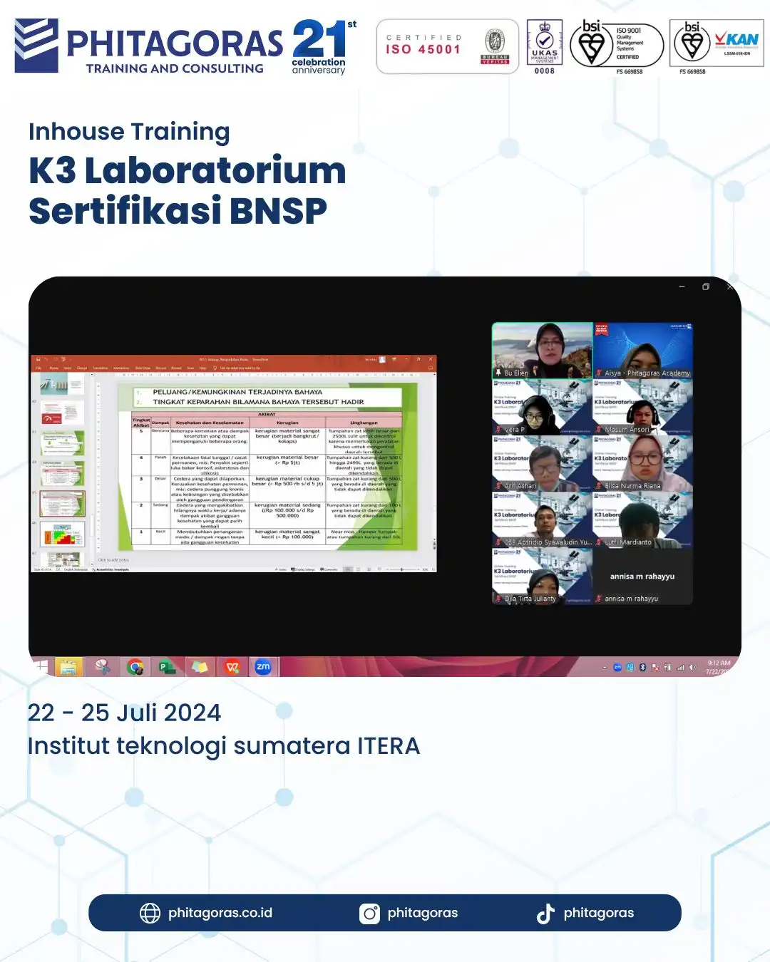 Inhouse Training K3 Laboratorium Sertifikasi BNSP - Institut Teknologi Sumatera (ITERA) Tanggal 22 - 25 Juli 2024