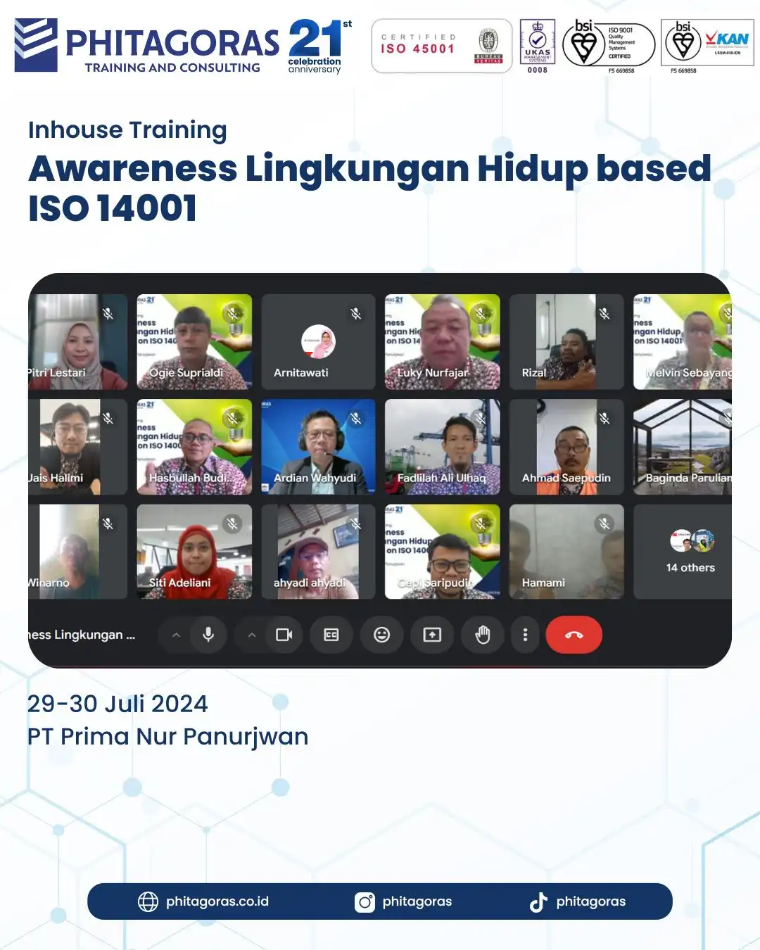 Inhouse Training Awareness Lingkungan Hidup berbasis ISO 14001 - PT Prima Nur Panurjwan Tanggal 29-30 Juli 2024