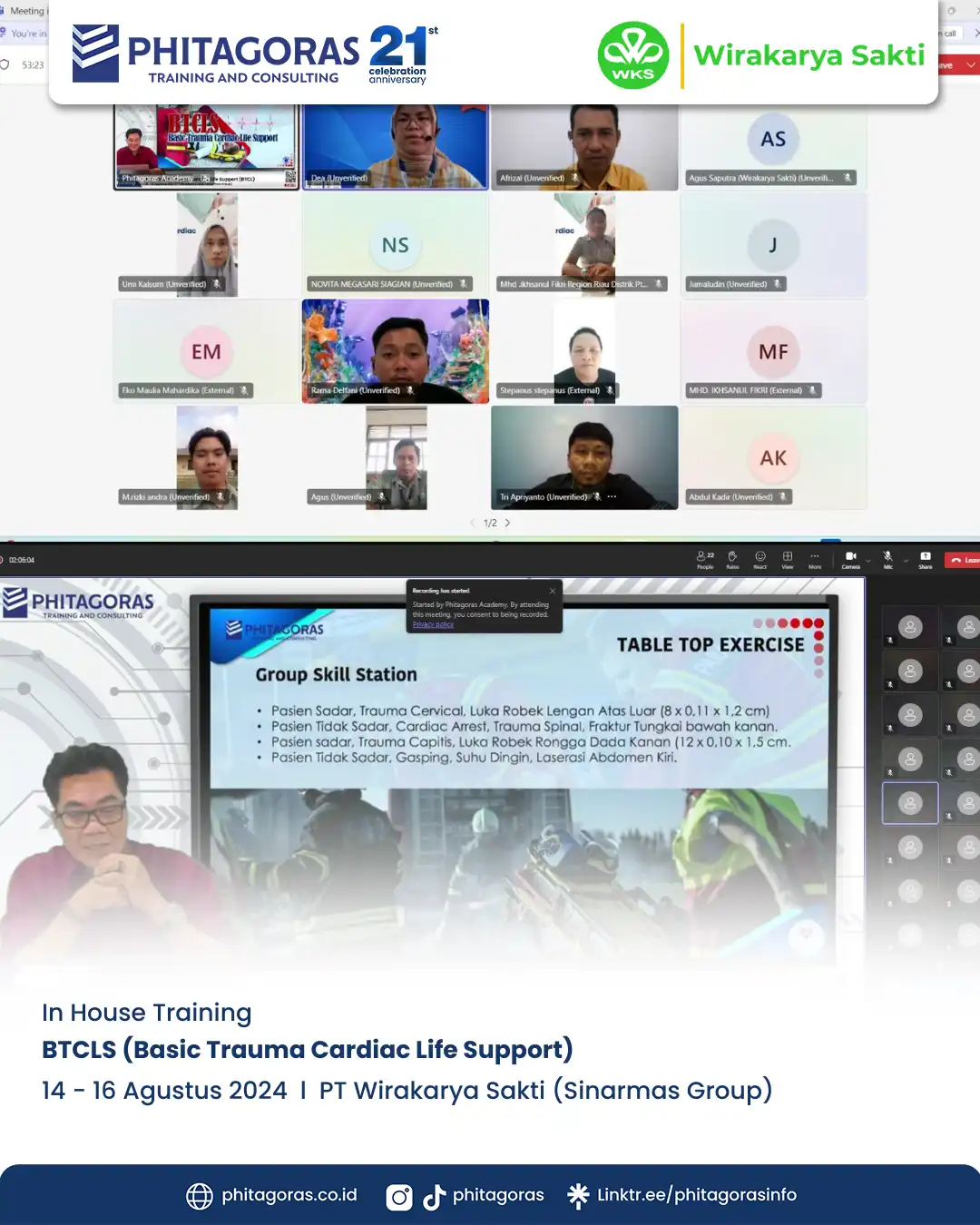 In House Training BTCLS (Basic Trauma Cardiac Life Support) - PT Wirakarya Sakti (Sinarmas Group) Tanggal 14 - 16 Agustus 2024