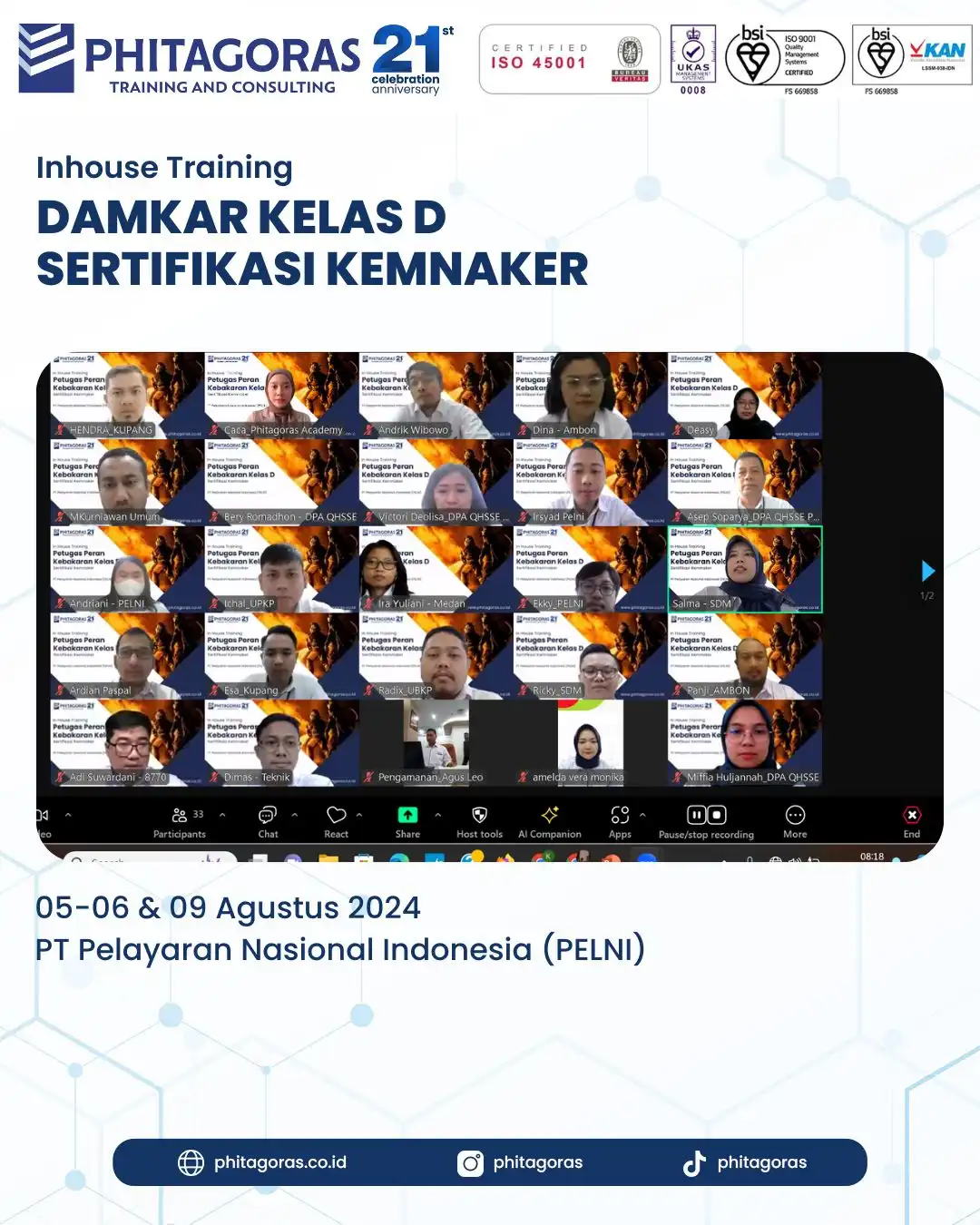 Inhouse Training DAMKAR KELAS D Sertifikasi KEMNAKER - PT Pelayaran Nasional Indonesia (PELNI) Tanggal 05-06 dan 09 Agustus 2024