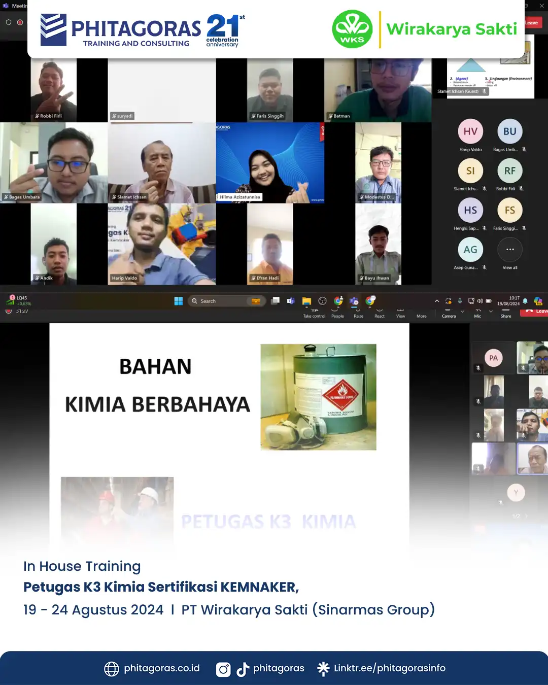 Inhouse Training Petugas K3 Kimia Sertifikasi KEMNAKER - PT Wirakarya Sakti (Sinarmas Group) Tanggal 19 - 24 Agustus 2024