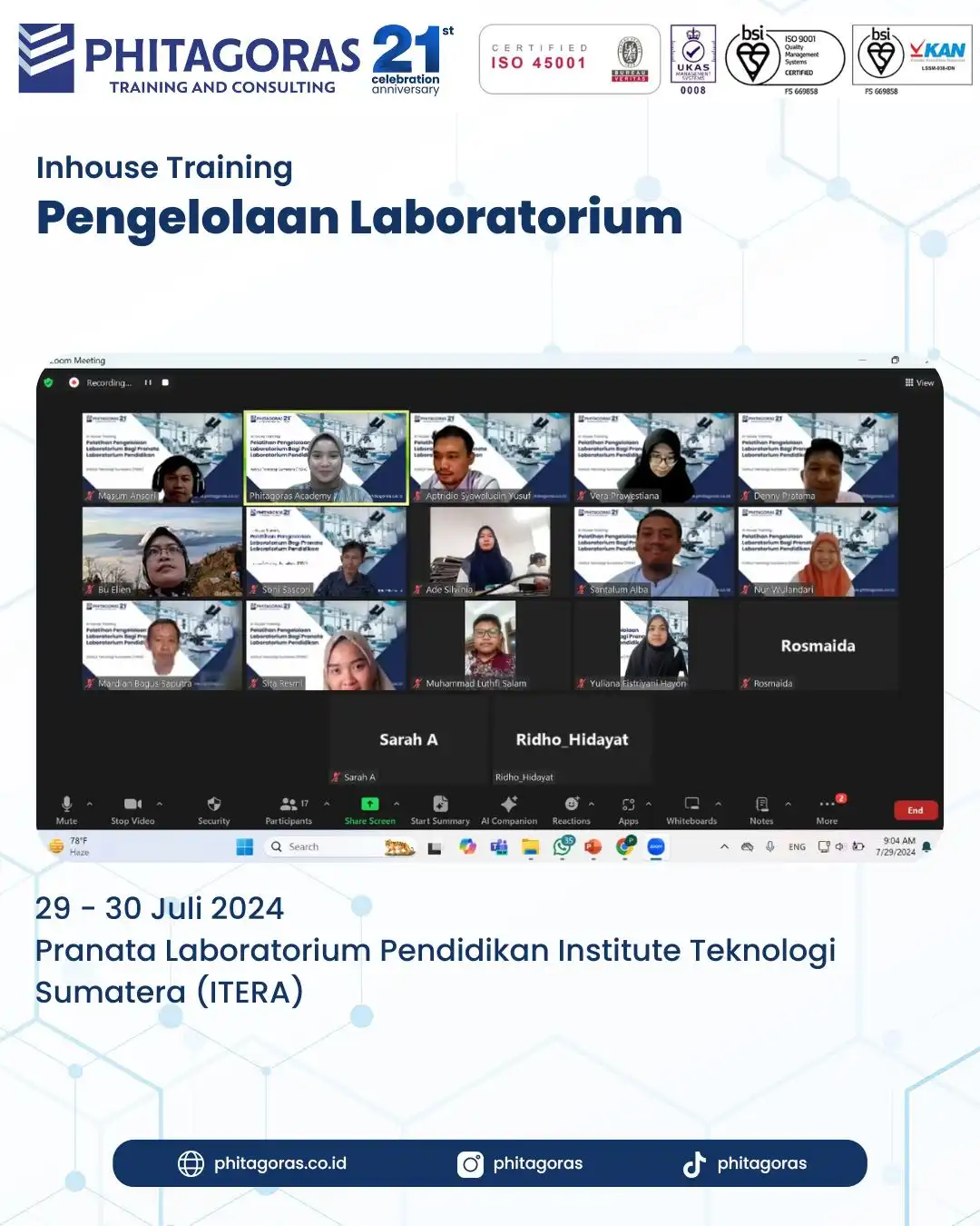 Inhouse Training Pengelolaan Laboratorium - Pranata Laboratorium Pendidikan Institut Teknologi Sumatera (ITERA) Tanggal 29 - 30 Juli 2024