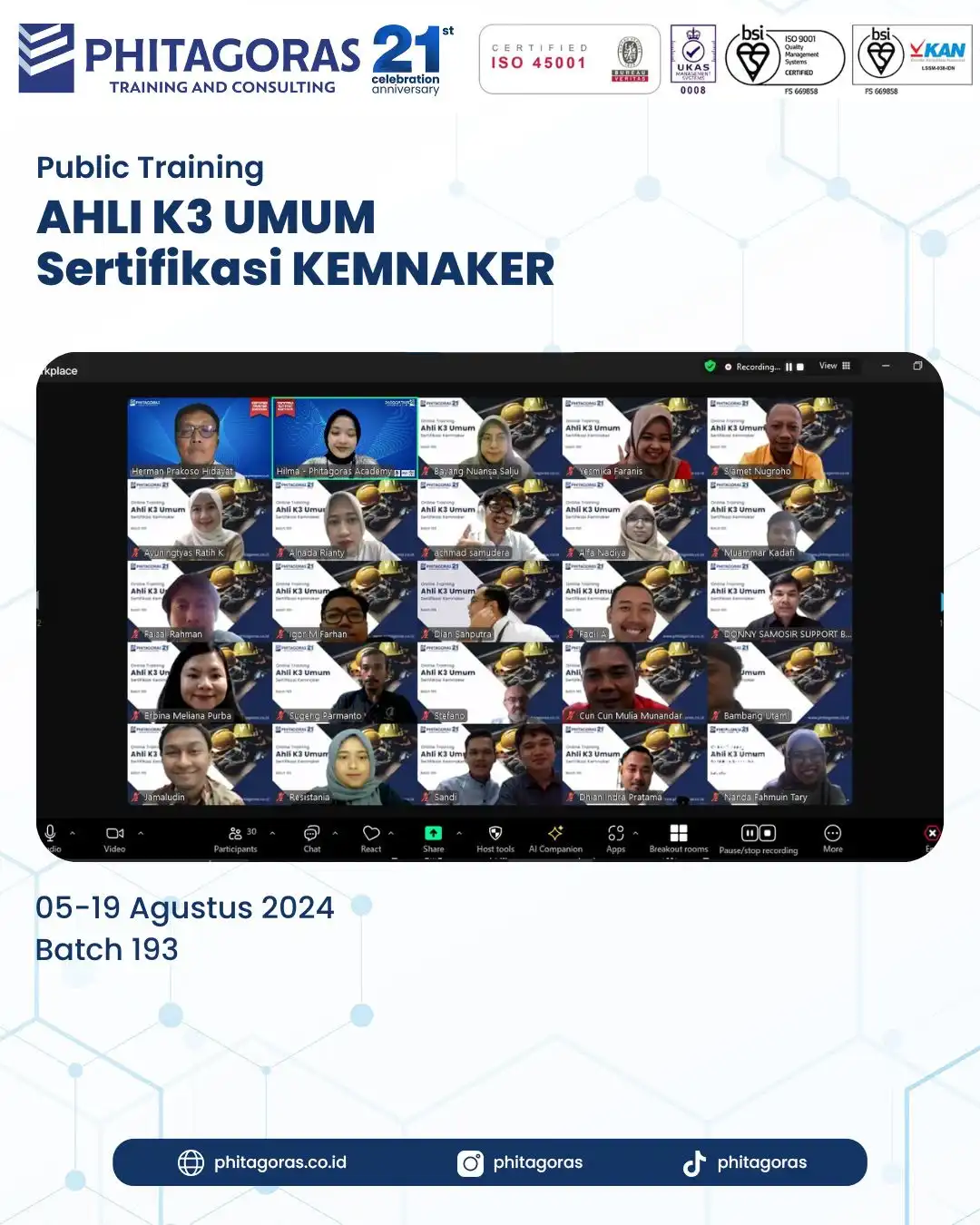 Public Training Ahli K3 Umum Sertifikasi KEMNAKER Batch 193 Tanggal 05-19 Agustus 2024