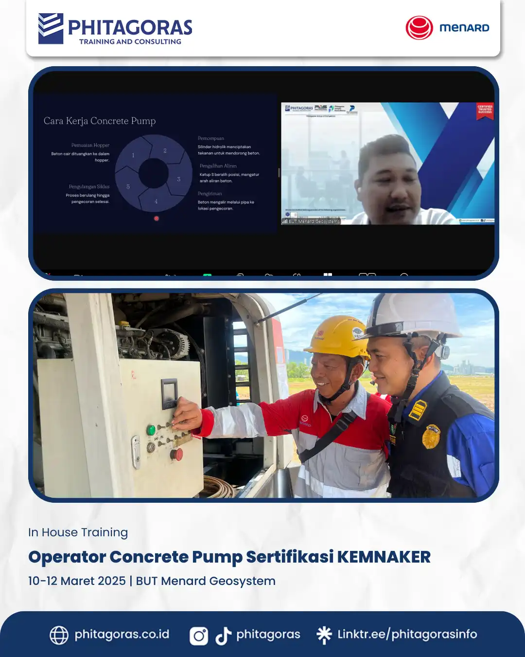 Operator Concrete Pump Sertifikasi KEMNAKER, BUT Menard Geosystem (10-12 Maret 2025)