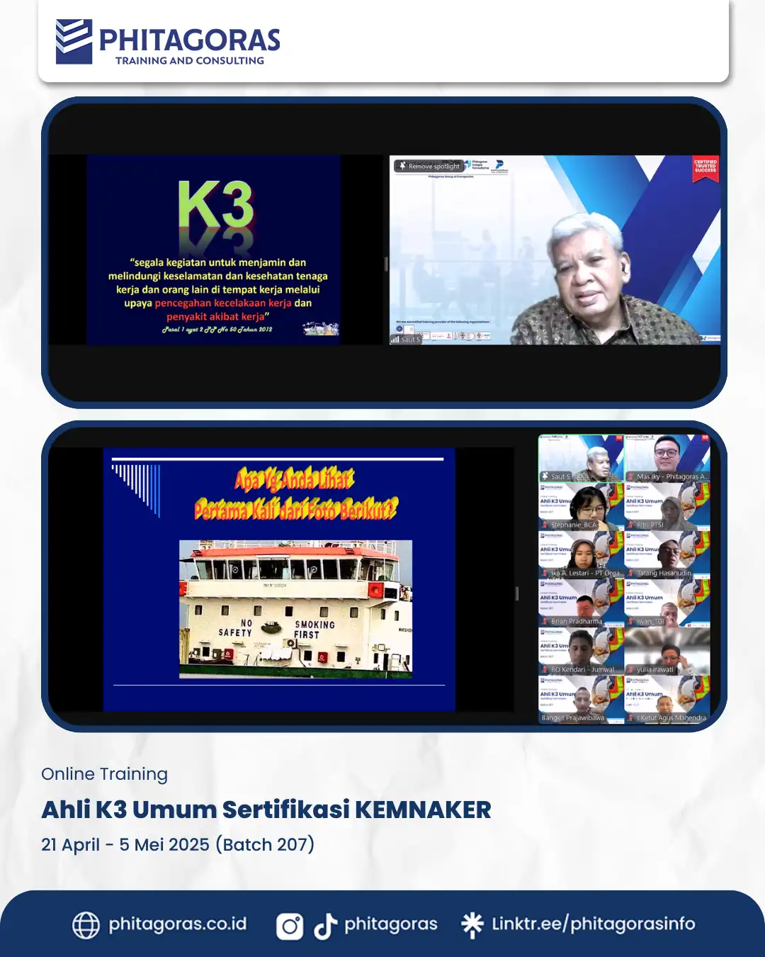 Online Training Ahli K3 Umum Sertifikasi KEMNAKER (Batch 207) (21 April - 5 Mei 2025)