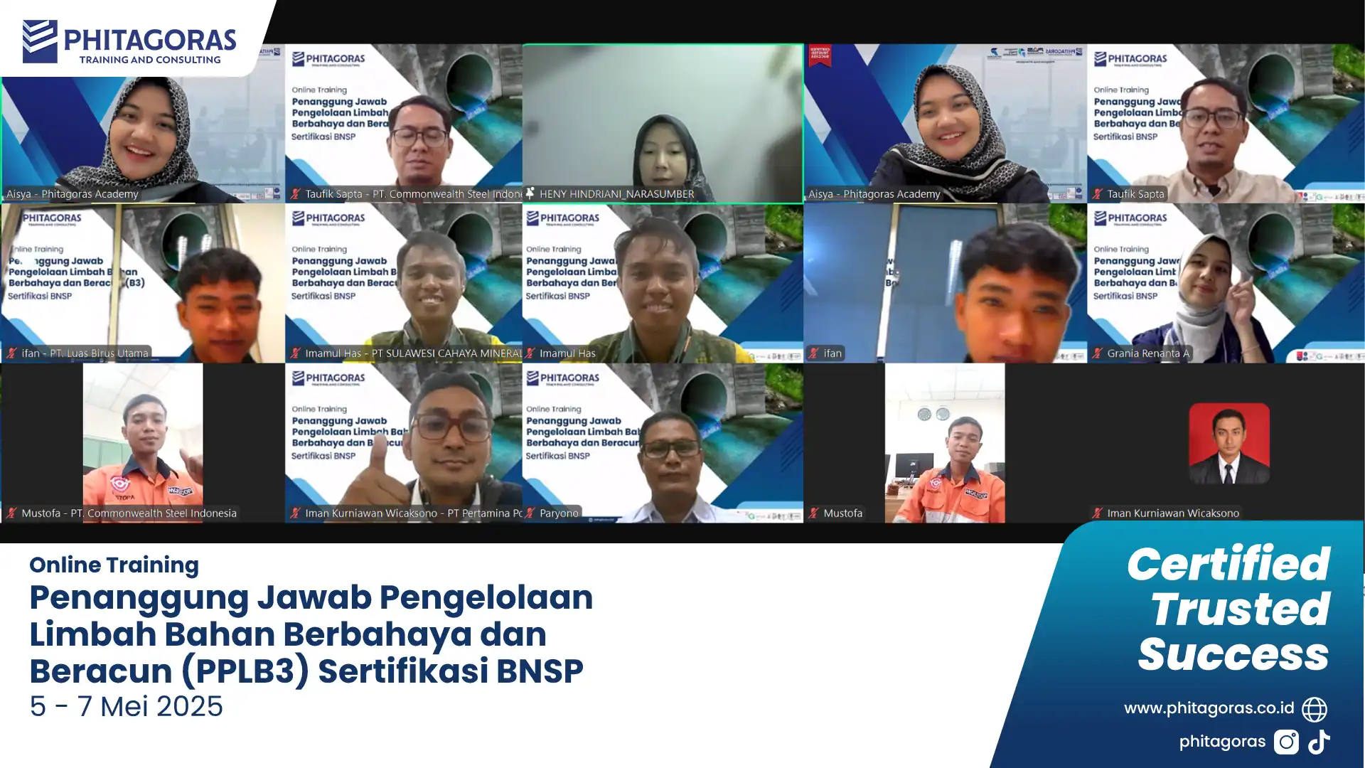 Foto Bersama Online Training Penanggung Jawab Pengelolaan Limbah Bahan Berbahaya dan Beracun (PPLB3) Sertifikasi BNSP - PT Pelindo Terminal Petikemas 5 – 7 Mei 2025