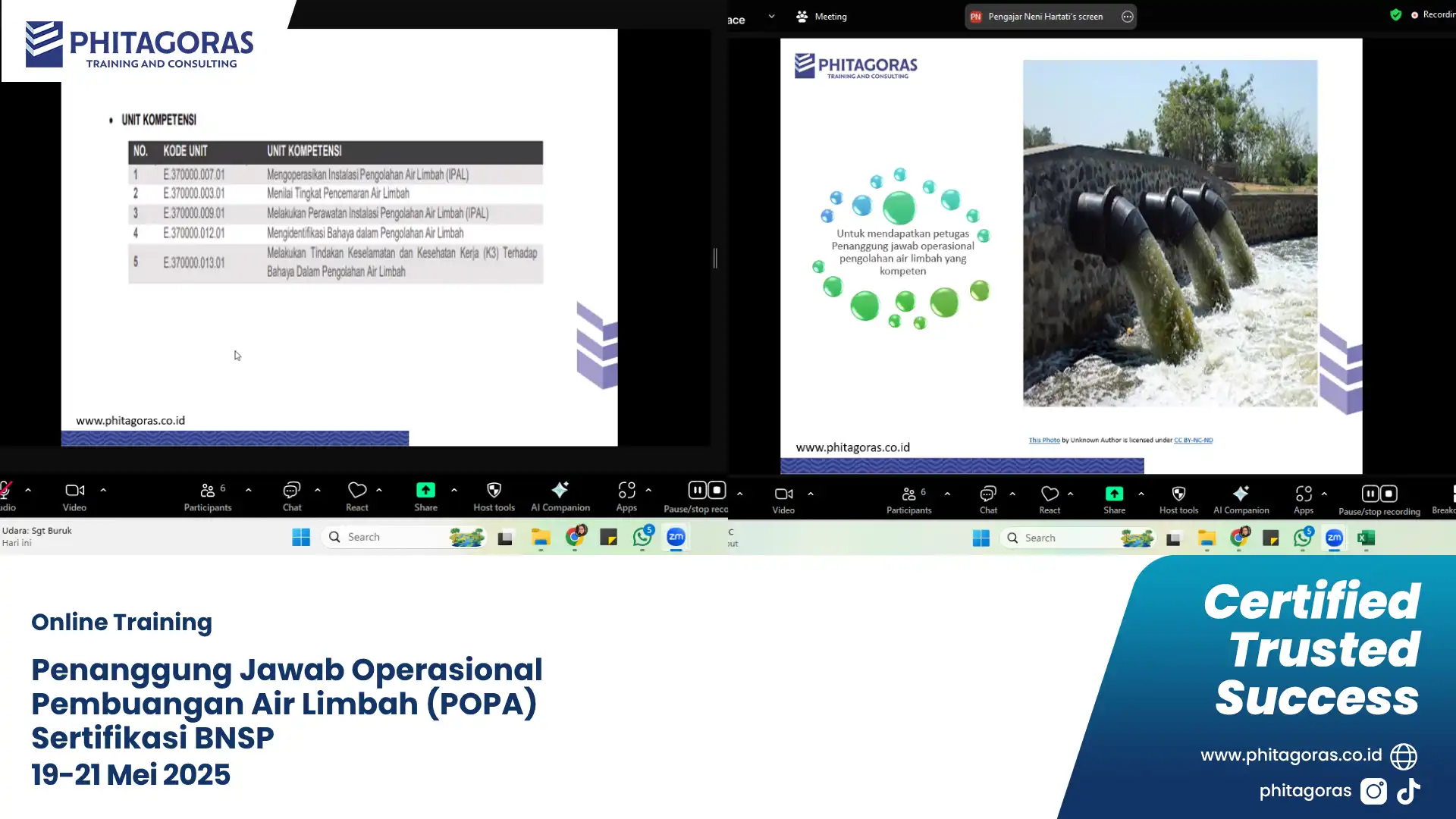 Dokumentasi Kegiatan Online Training - Penanggung Jawab Operasional Pembuangan Air Limbah (POPA) Sertifikasi BNSP (10-12 Juni 2025)