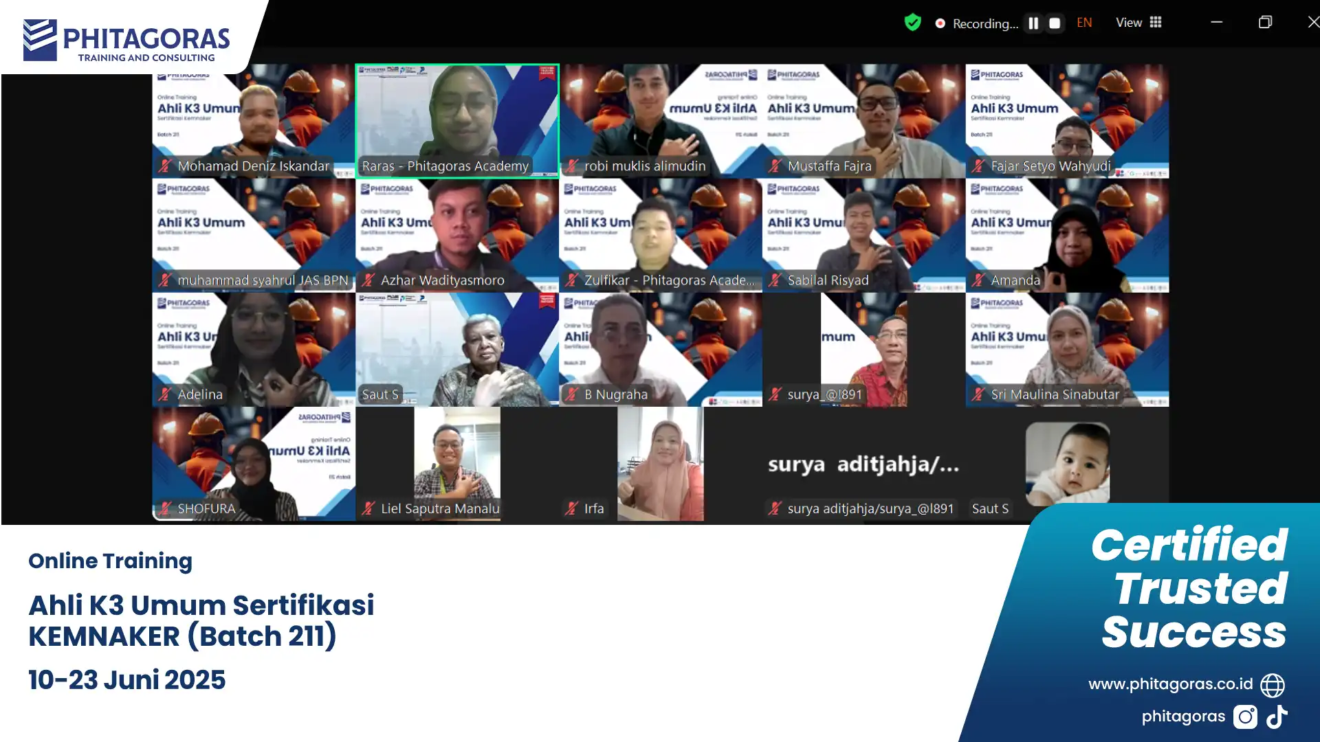 Foto Bersama Online Training - Ahli K3 Umum Sertifikasi KEMNAKER (Batch 211), (10-23 Juni 2025)