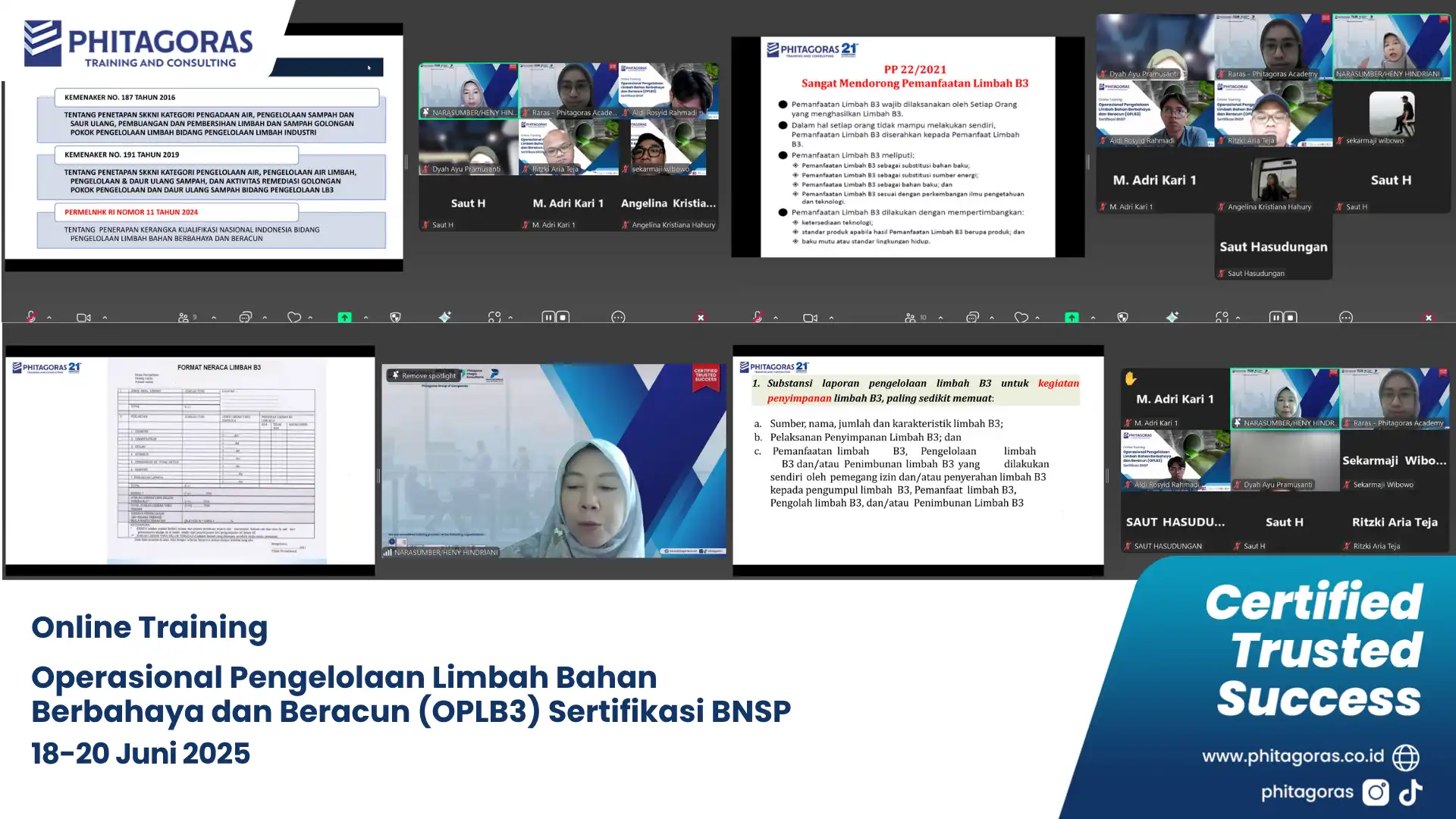 Dokumentasi Kegiatan Online Training Operasional Pengelolaan Limbah Bahan Berbahaya dan Beracun (OPLB3) Sertifikasi BNSP, (18-20 Juni 2025)