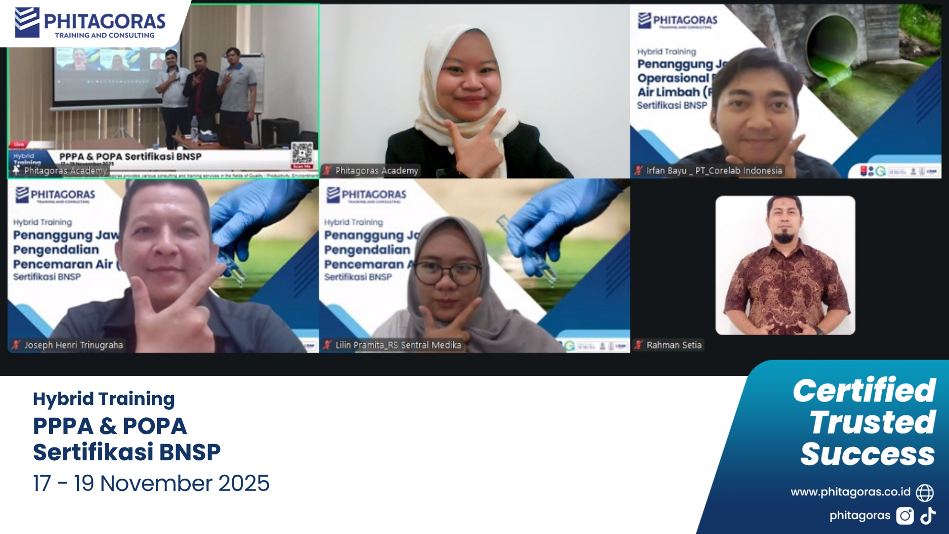 Foto Bersama Hybrid Training Penanggung Jawab Pengendalian Pencemaran Air (PPPA) Sertifikasi BNSP dan Penanggung Jawab Operasional Pengolahan Air Limbah (POPA) Sertifikasi BNSP 17 - 19 November 20