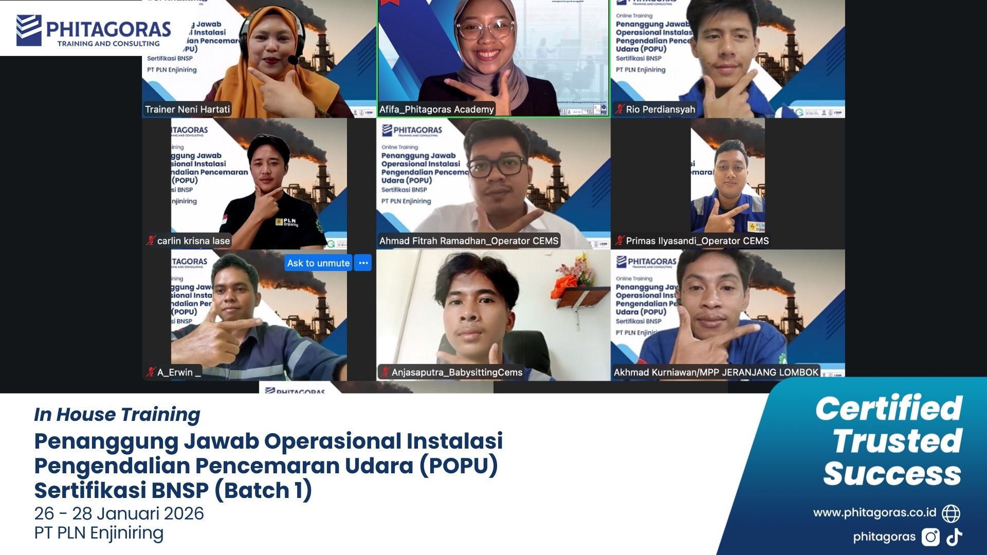 Foto Bersama In House Training Penanggung Jawab Operasional Instalasi Pengendalian Pencemaran Udara (POPU) Sertifikasi BNSP - PT PLN Enjiniring 26-28 Januari 2026 (Batch 1)