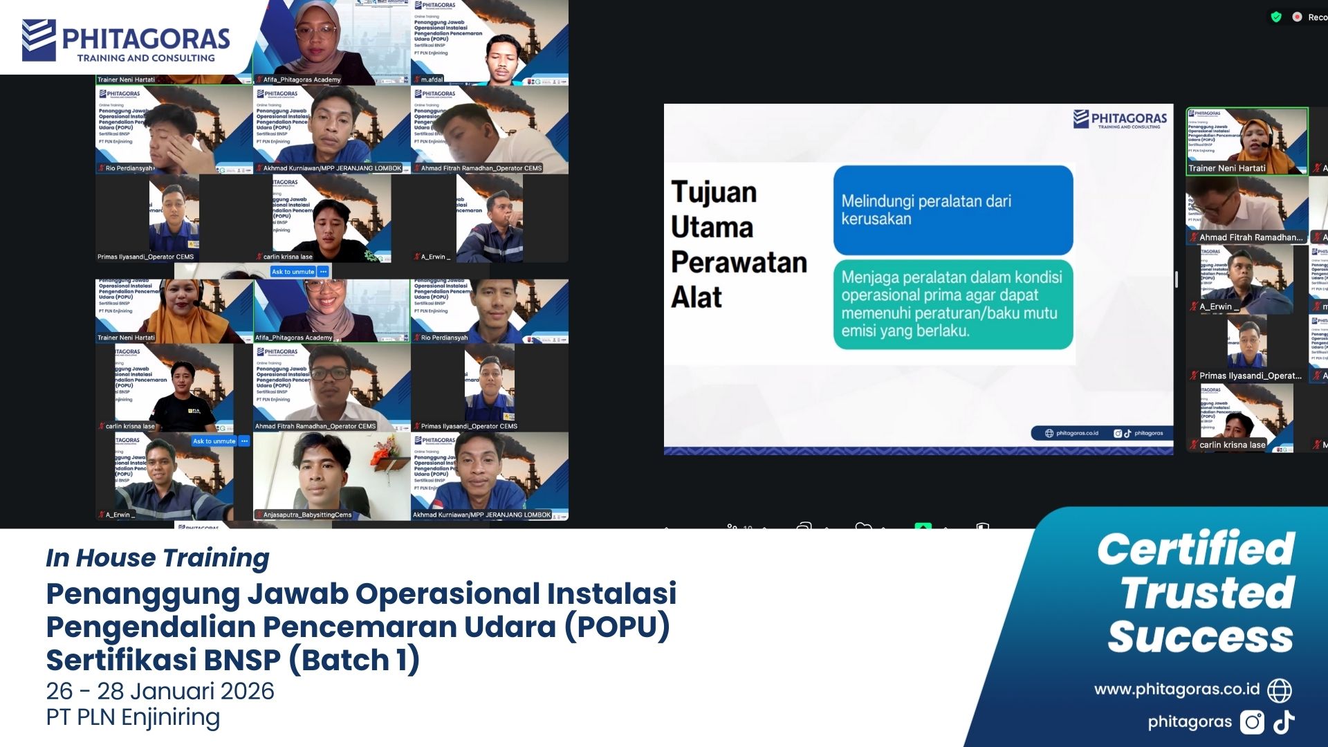 Foto Kegiatan In House Training Penanggung Jawab Operasional Instalasi Pengendalian Pencemaran Udara (POPU) Sertifikasi BNSP - PT PLN Enjiniring 26-28 Januari 2026 (Batch 1)