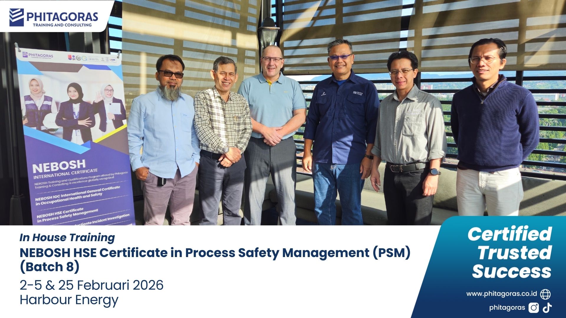 Foto Bersama In House Training NEBOSH HSE Certificate in Process Safety Management (PSM) - Harbour Energy 2 - 5 & 25 Februari 2026 (Batch 8) di Four Points Hotel