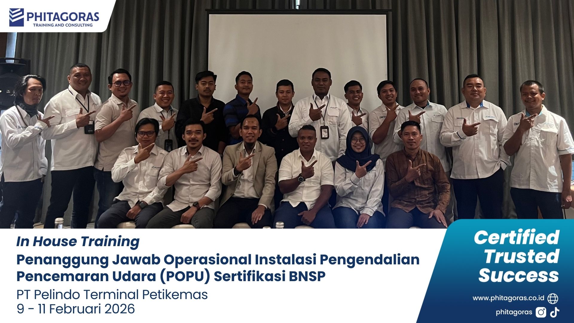 Foto Bersama In House Training Penanggung Jawab Operasional Instalasi Pengendalian Pencemaran Udara (POPU) Sertifikasi BNSP - PT Pelindo Terminal Petikemas 9 - 11 Februari 2026