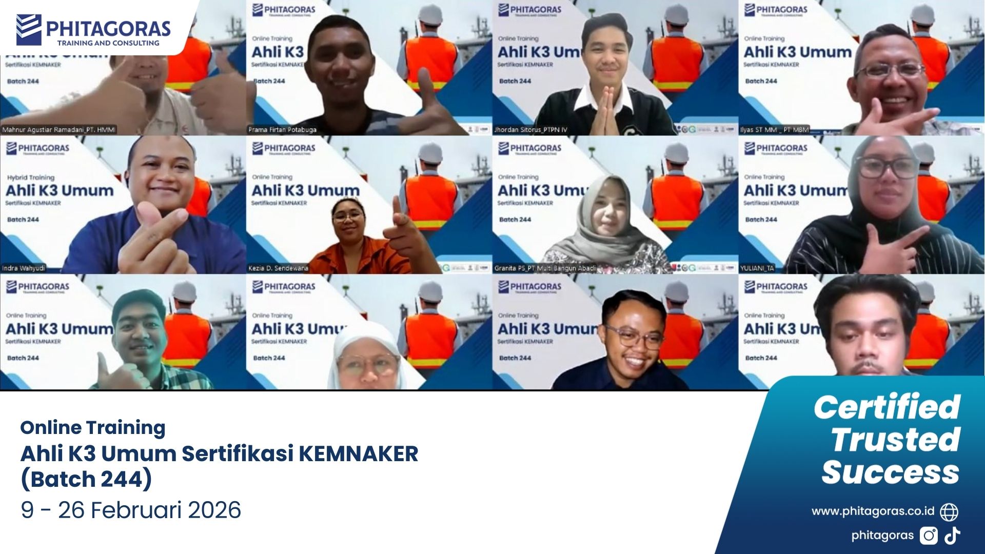 Foto Bersama Online Training Ahli K3 Umum Sertifikasi KEMNAKER (Batch 244) 9 - 26 Februari 2026