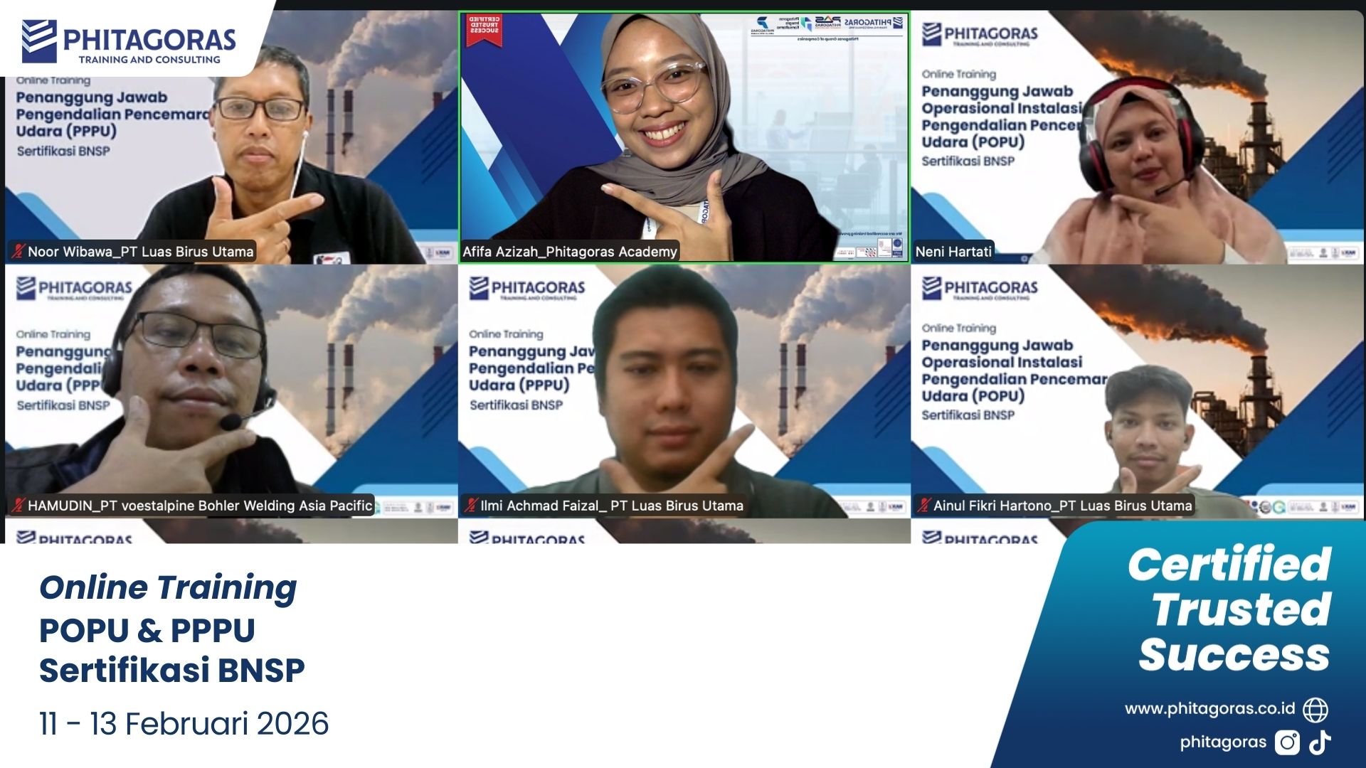 Foto Bersama Online Training Penanggung Jawab Operasional Instalasi Pengendalian Pencemaran Udara (POPU) Sertifikasi BNSP dan Penanggung Jawab Pengendalian Pencemaran Udara (PPPU) Sertifikasi BNSP