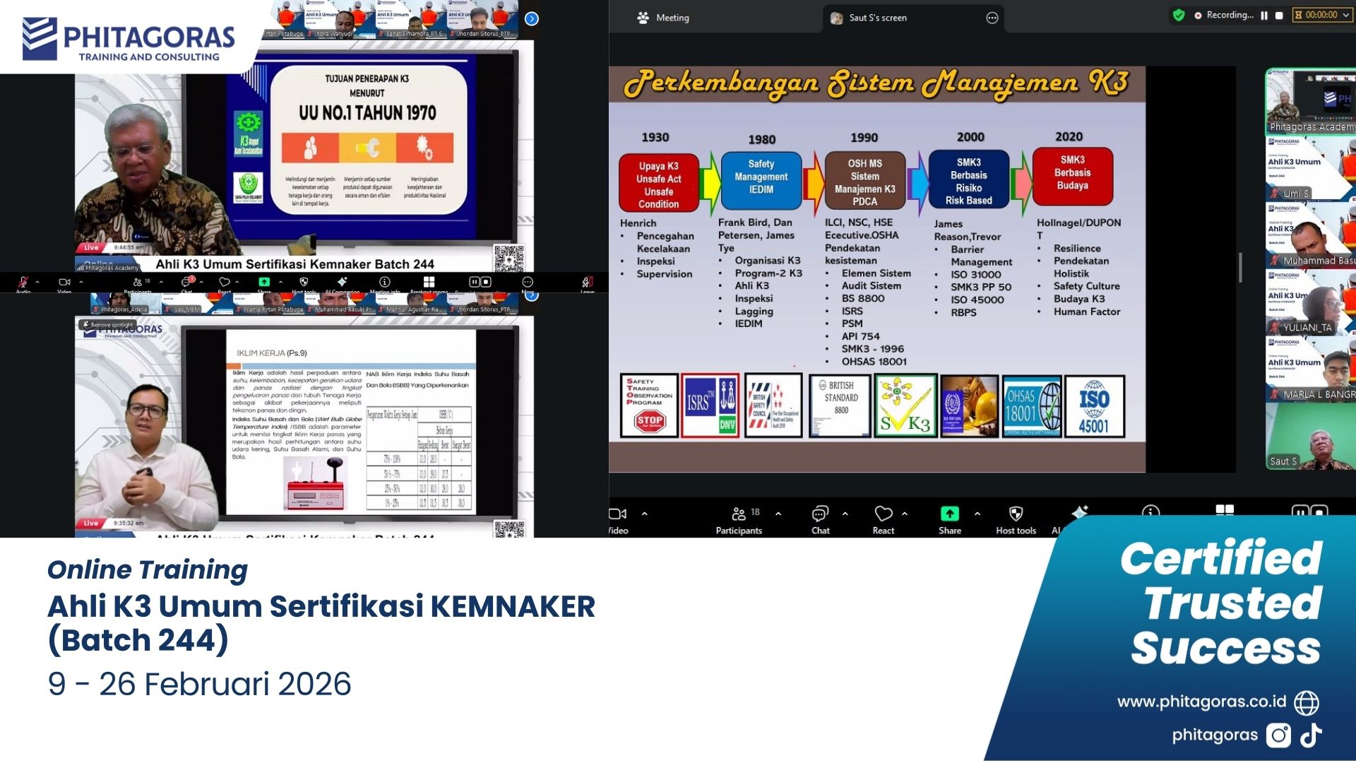 Foto Kegiatan Online Training Ahli K3 Umum Sertifikasi KEMNAKER (Batch 244) 9 - 26 Februari 2026