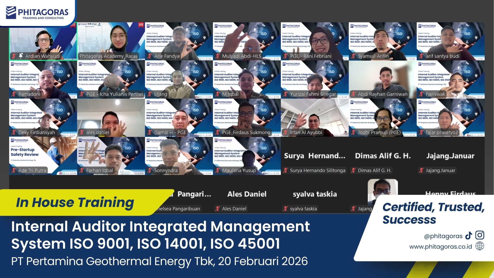 Foto Bersama In House Training Internal Auditor Integrated Management System ISO 9001, ISO 14001, ISO 45001 - PT Pertamina Geothermal Energy Tbk, 20 Februari 2026