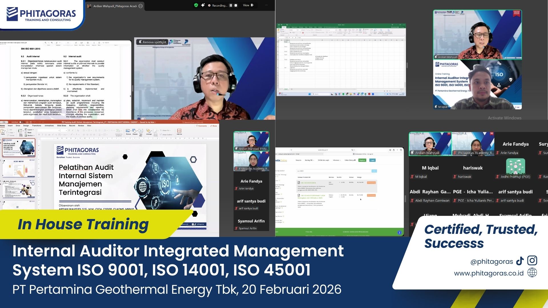 Foto Kegiatan In House Training Internal Auditor Integrated Management System ISO 9001, ISO 14001, ISO 45001 - PT Pertamina Geothermal Energy Tbk, 20 Februari 2026